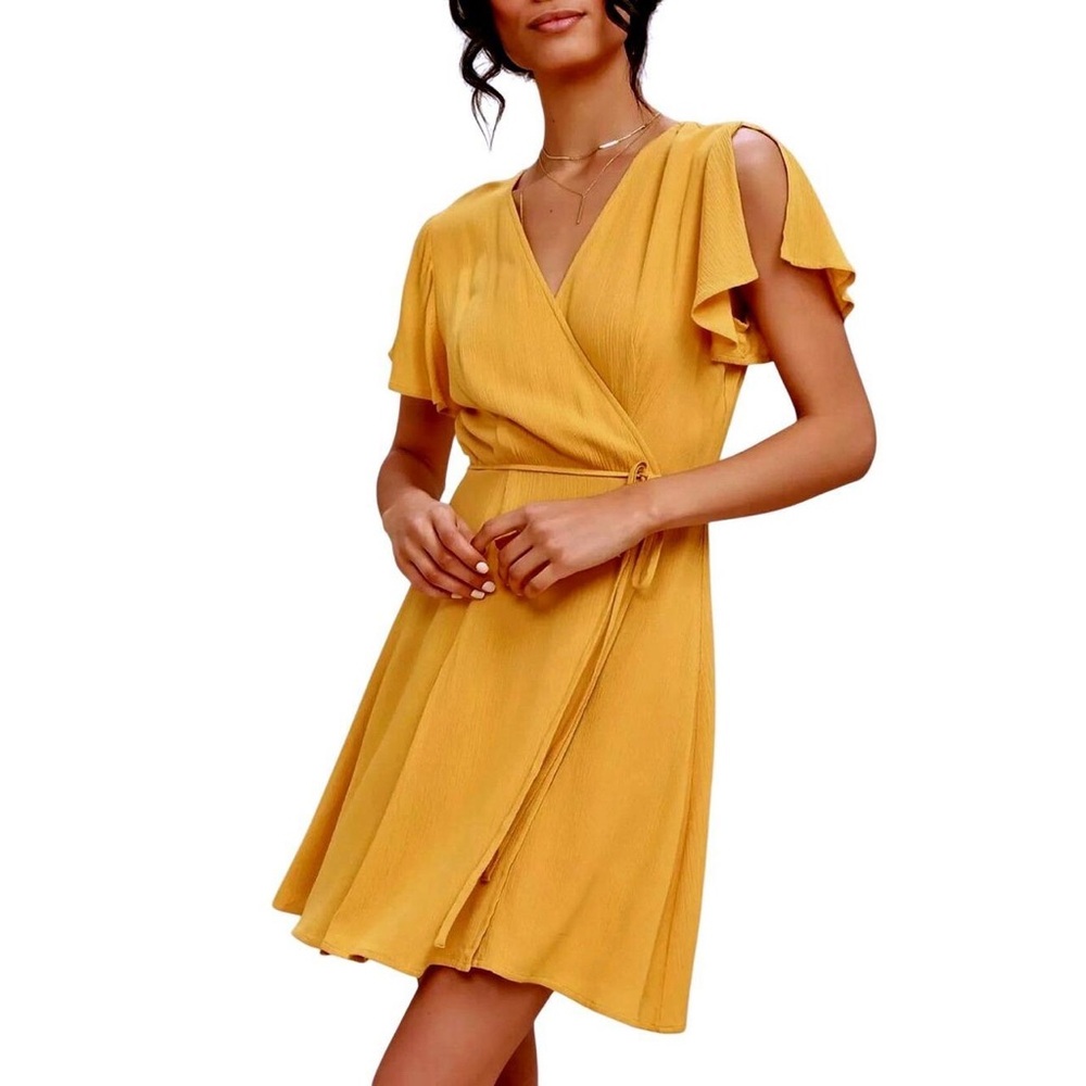 Lulus Harbor Point Mustard Yellow Flutter-Sleeve Mini Wrap Dress - Medium
